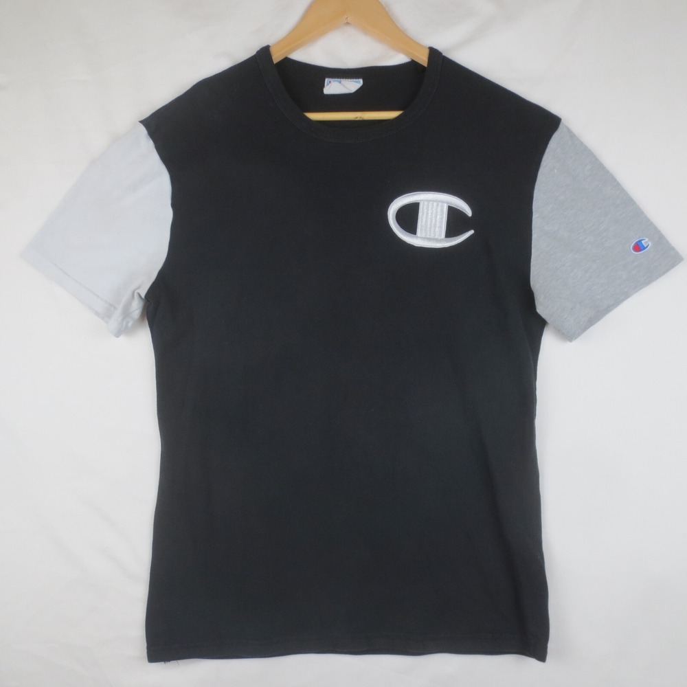 Champion T Shirt Mens Medium Black Gray Embroidered Logo Short Sleeve Crew Neck